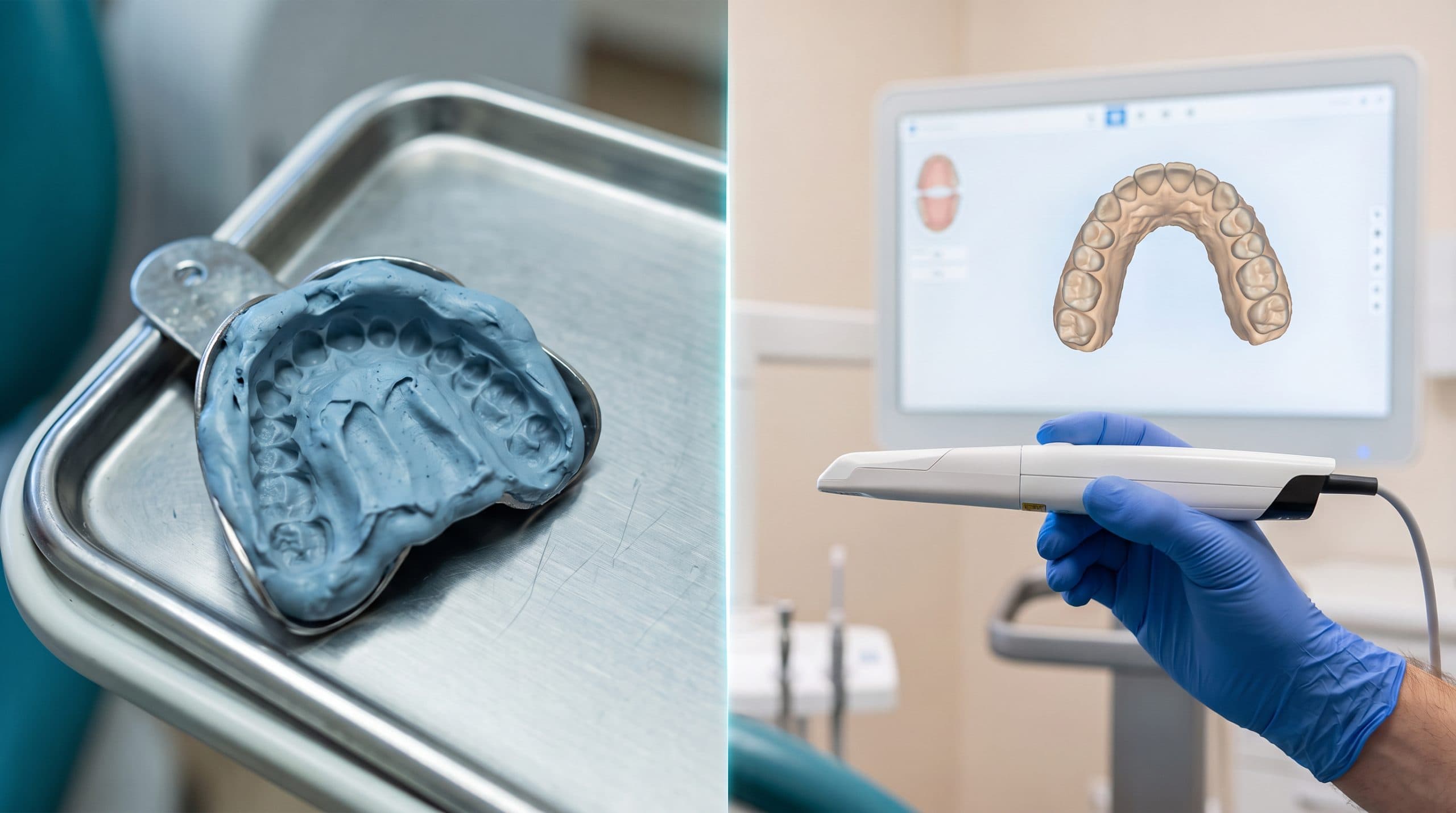 Traditional dental impression tray beside an intraoral scanner and a digital dental arch on screen