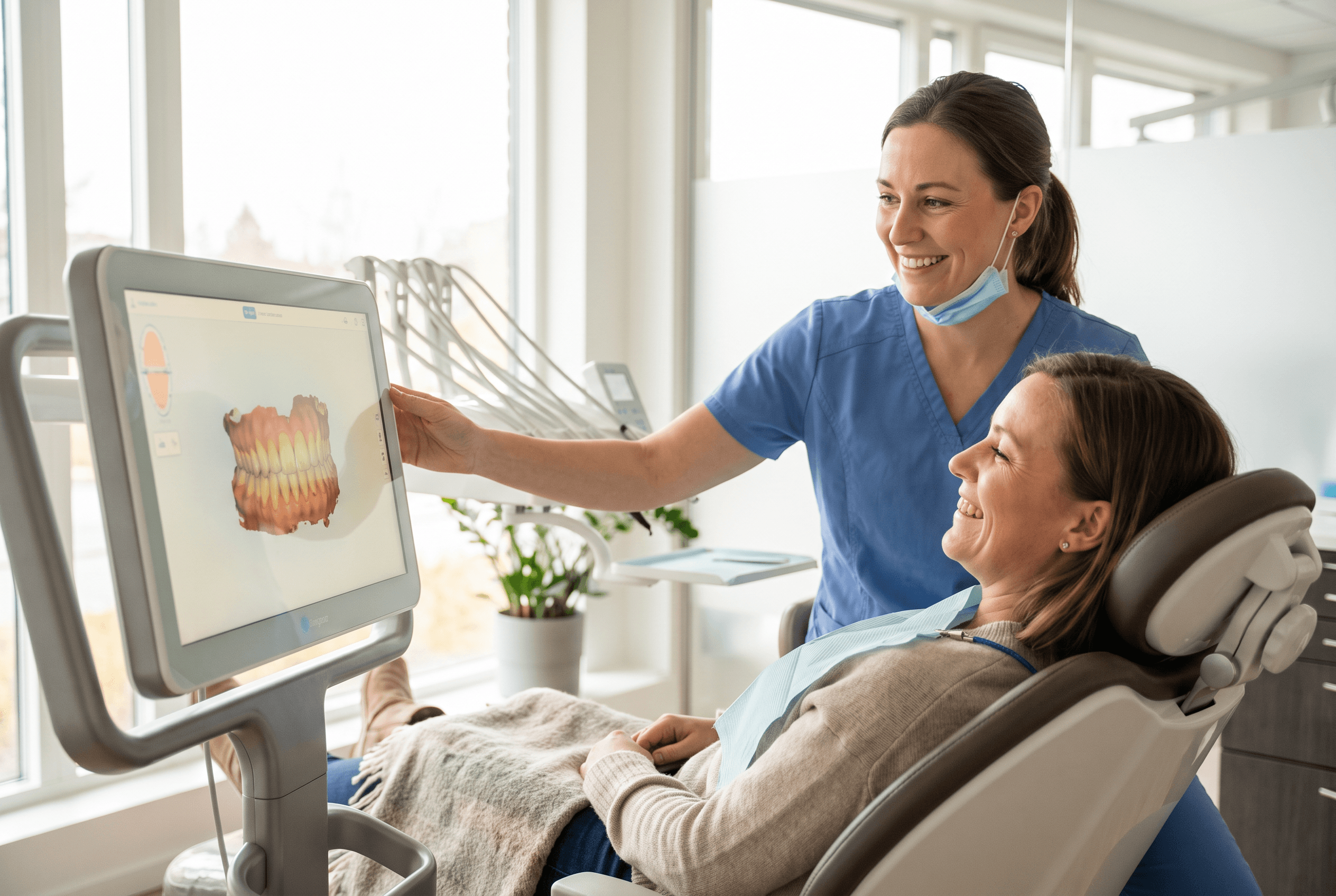Clinician showing a patient a digital model of teeth on a monitor during a dental consultation