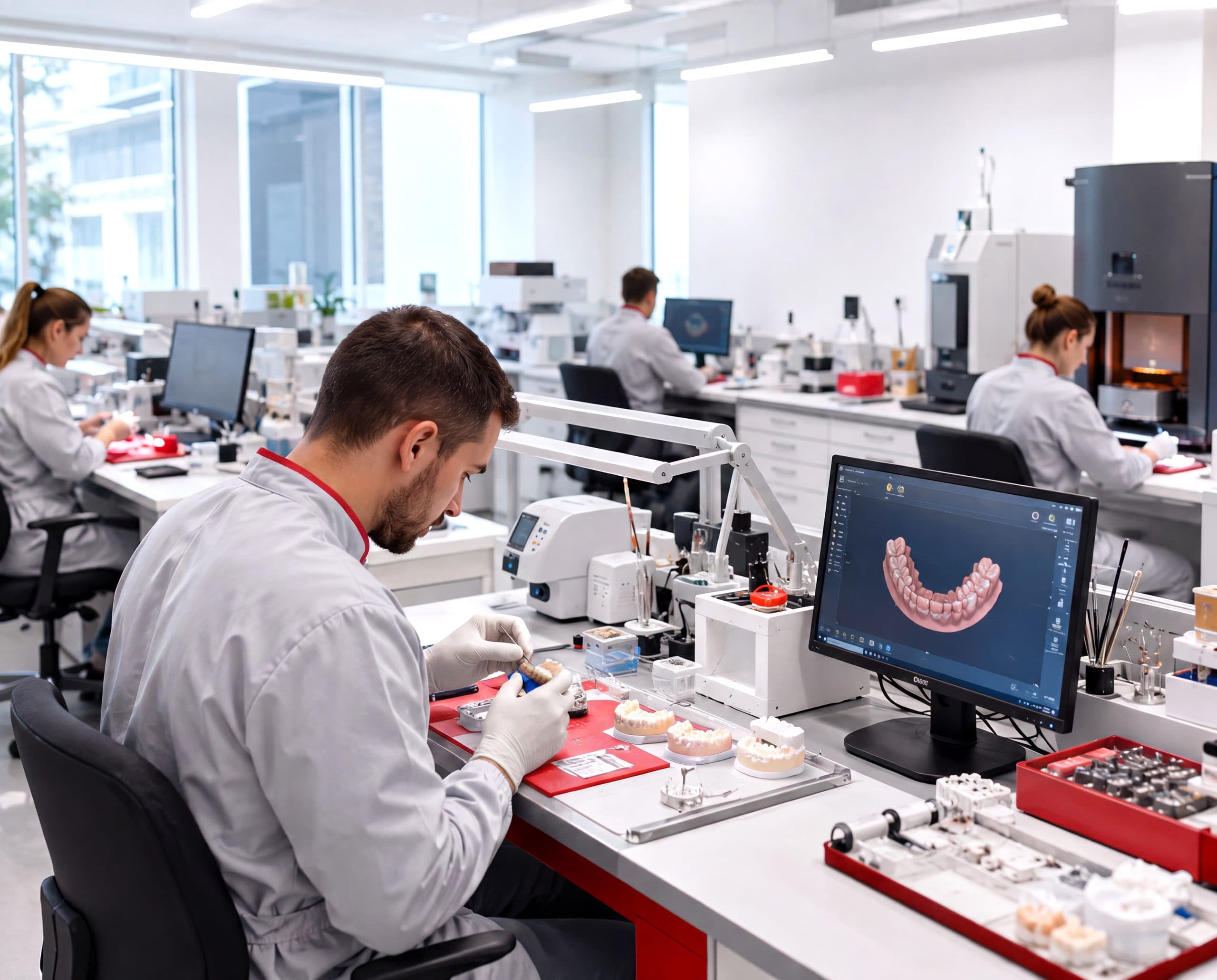 Dental technician designing a dental restoration in a modern dental laboratory
