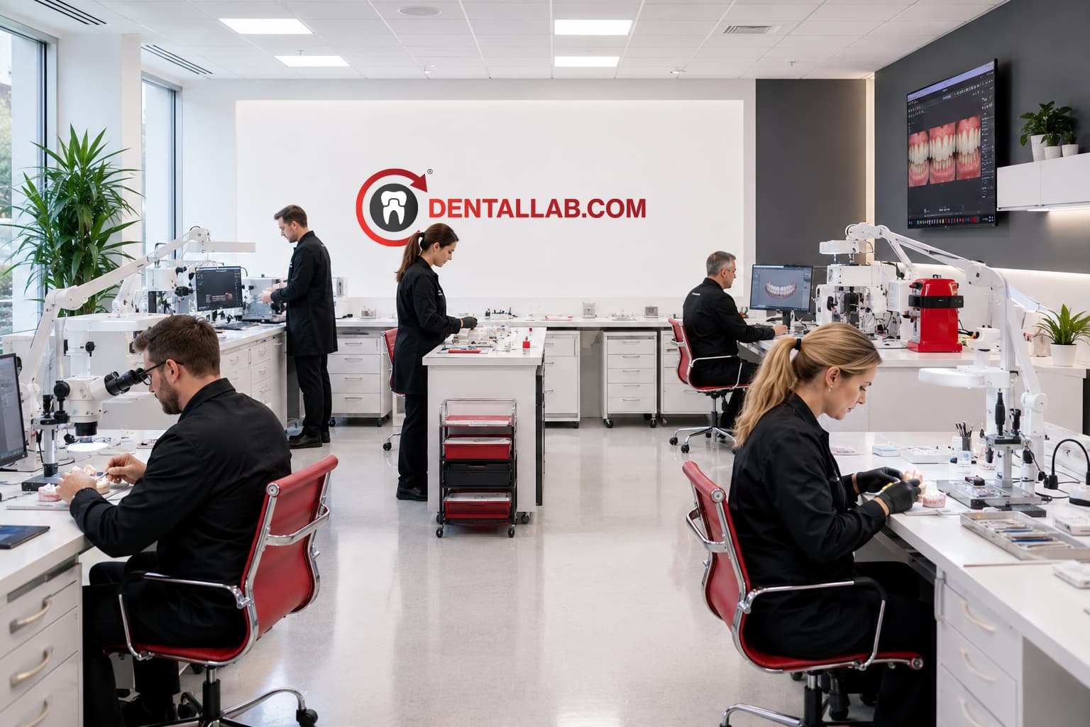 Dental technicians working in the modern Dentallab.com dental laboratory