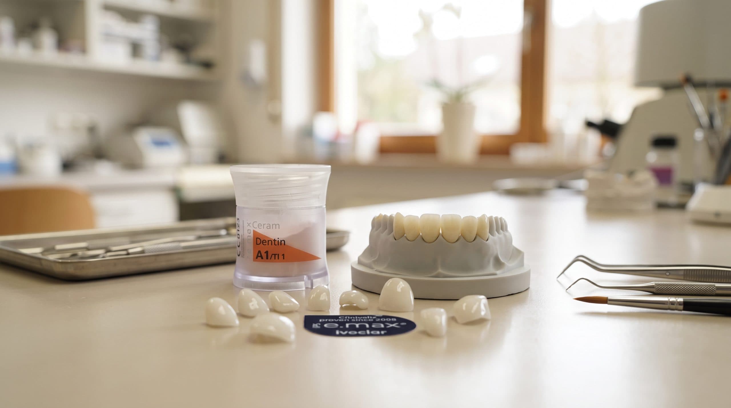 Dental restoration models on a laboratory workbench for an e.max vs zirconia crowns guide