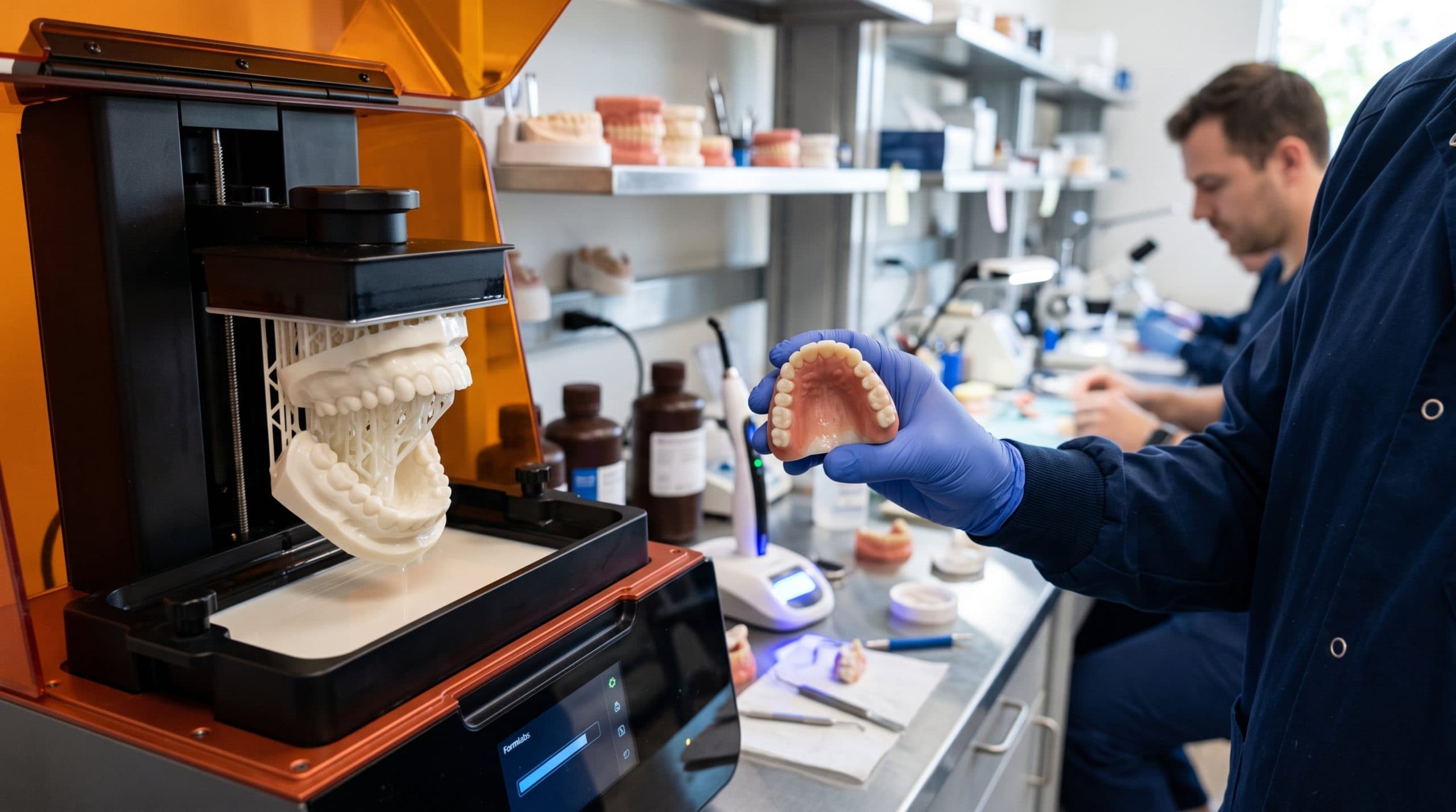 Dental technician holding an upper denture beside a 3D printer with dental models