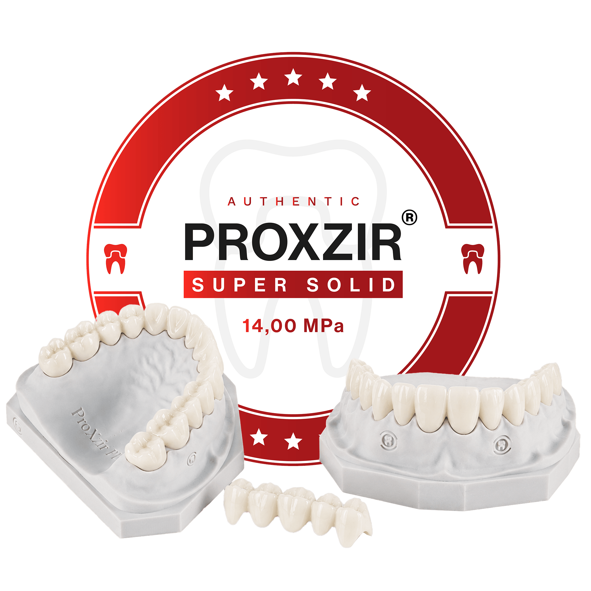 Full ProXzir monolithic zirconia crowns on upper and lower arch models with a zirconia bridge, in front of the Authentic ProXzir Super Solid seal
