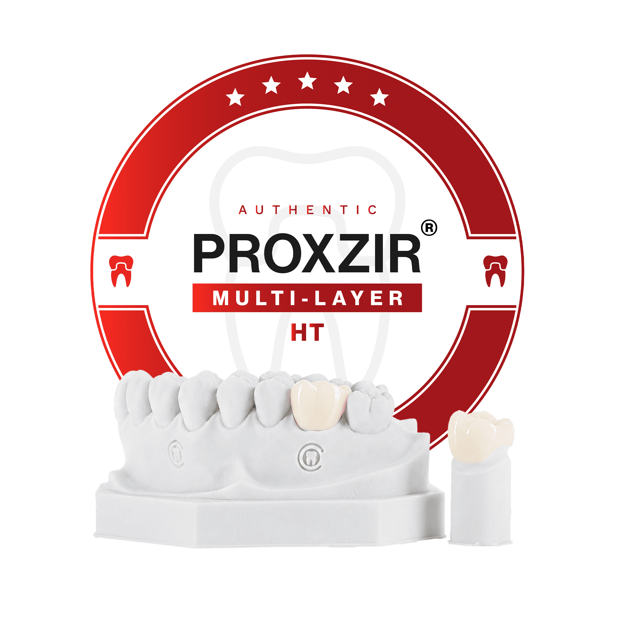 Multilayer zirconia crown seated on a lower arch model, with a second crown on a single die