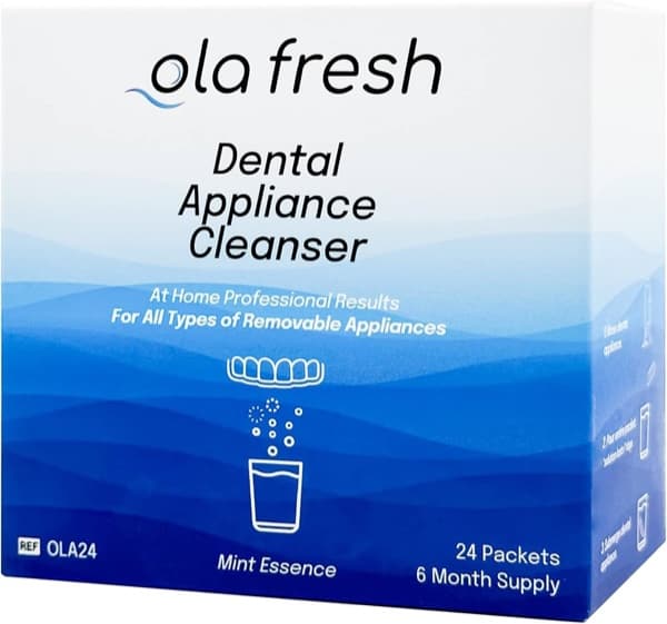 A box of Ola Fresh dental appliance cleanser
