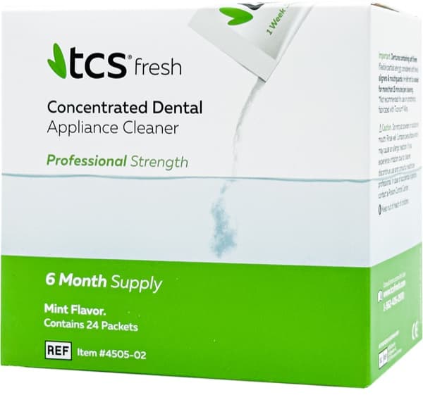A box of TCS Fresh dental appliance cleaner