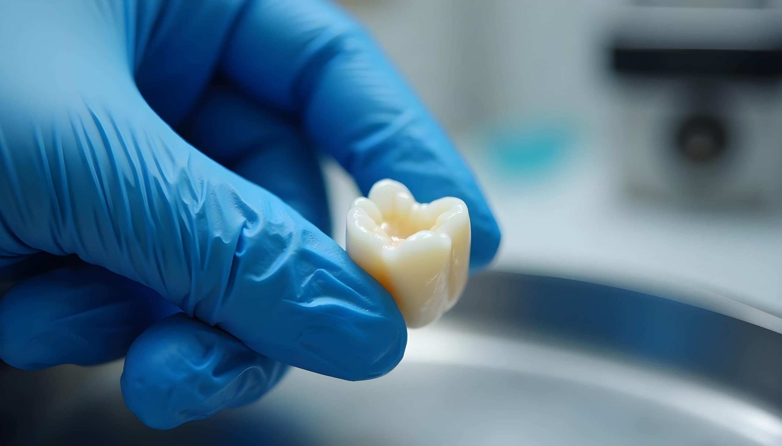 Dental crown held between gloved fingers, illustrating a comparison of same-day crowns and lab-made crowns