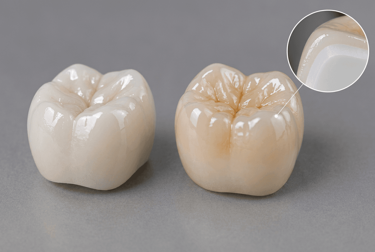 layered and monolithic zirconia crown comparison with a magnified illustration of the layered structure